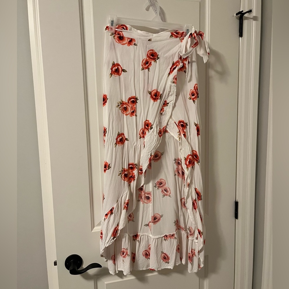 White floral midi wrap skirt